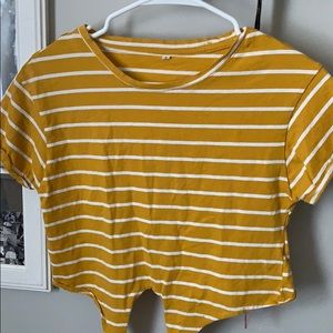 yellow and white striped crop top with tie